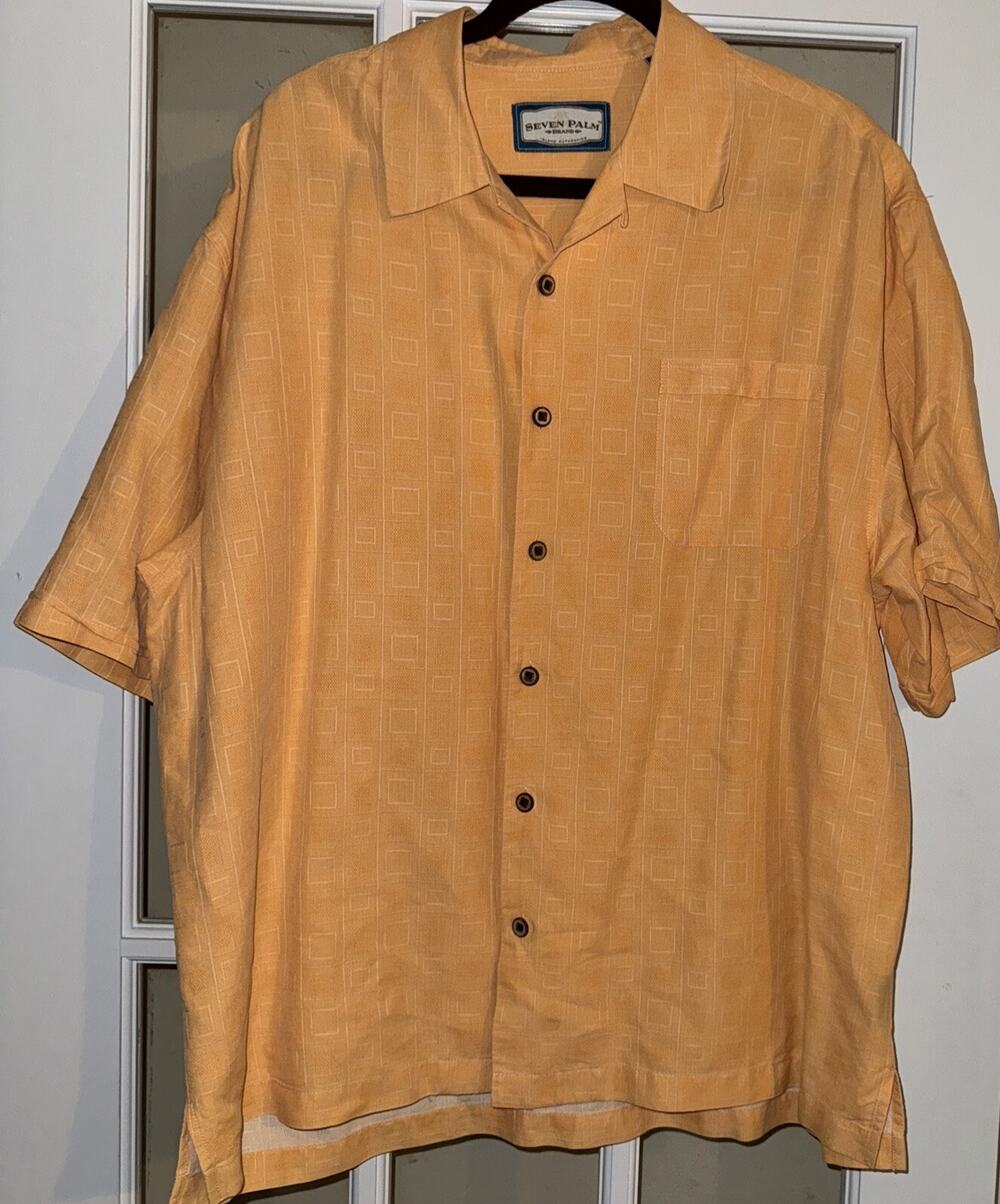 Seven Palm shirt XL orange button up Hawaiian short sleeve silk casual mens